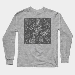 Botanical Visions - Line Drawn Leaves Pattern Grey Long Sleeve T-Shirt